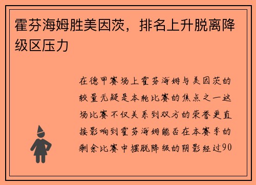 霍芬海姆胜美因茨，排名上升脱离降级区压力
